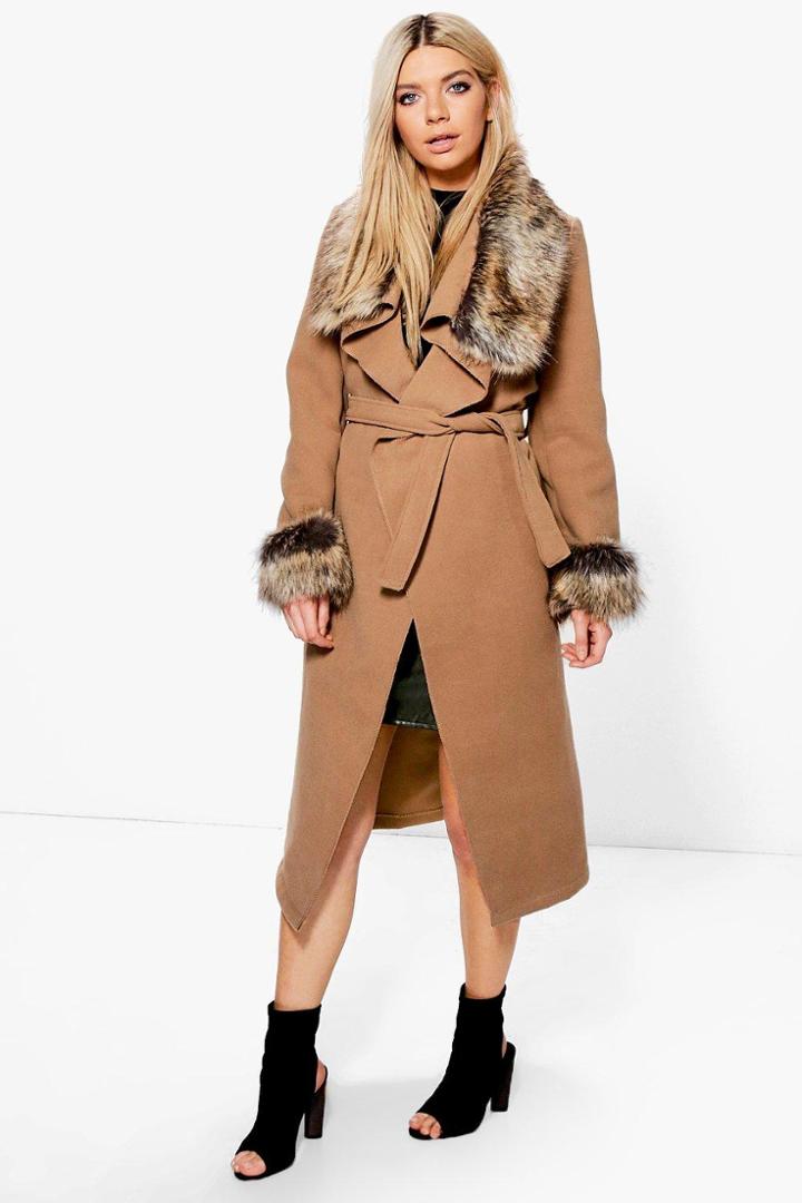 Boohoo Mya Faux Fur Collar And Cuff Coat Camel