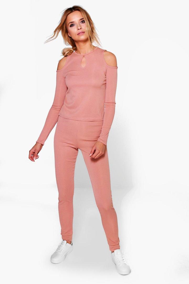 Boohoo Ella Cold Shoulder Keyhole Top And Legging Set Blush
