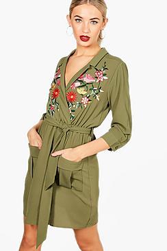 Boohoo Embroidered Front Tie Waist Shirt Dress