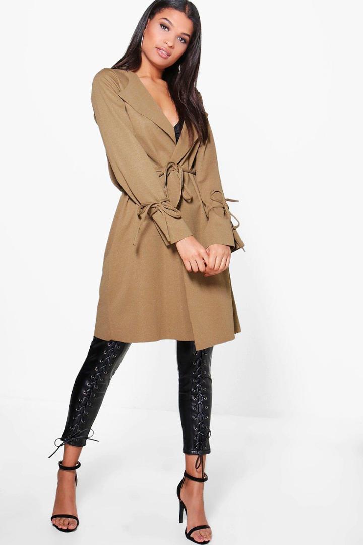 Boohoo Brooke Tie Sleeve Belted Duster Khaki