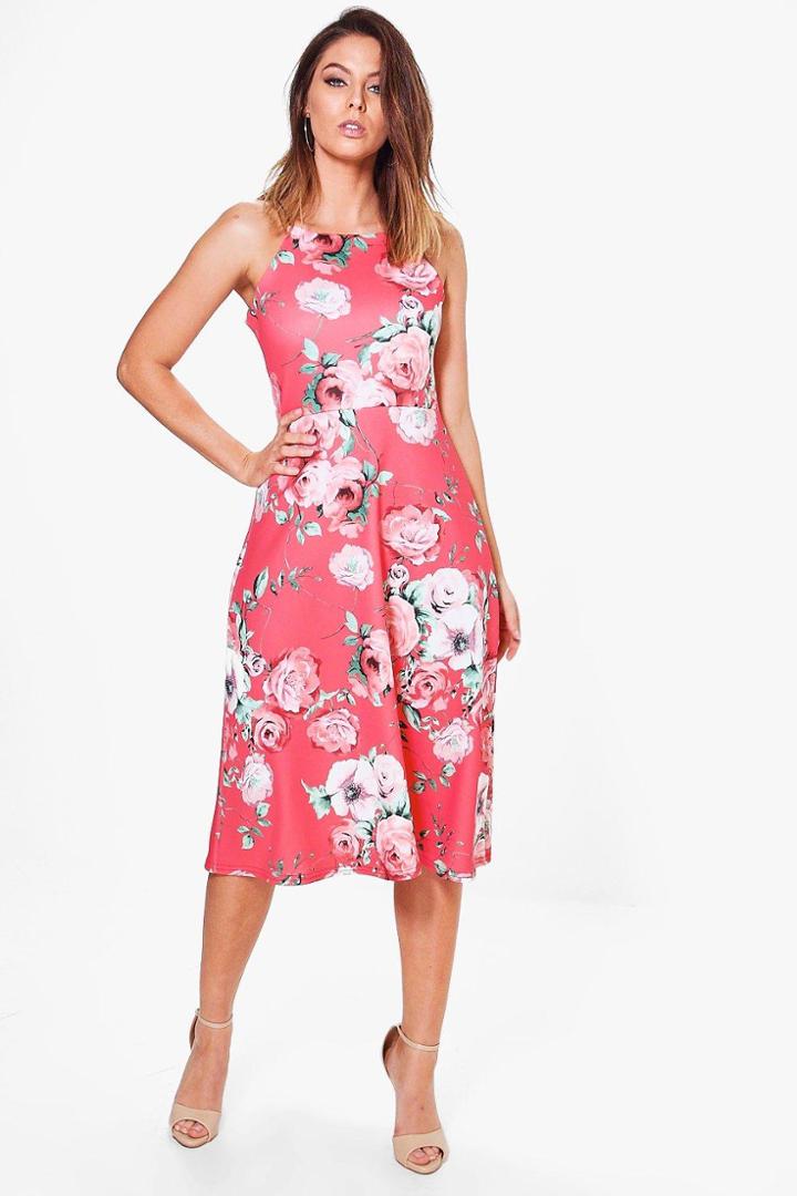Boohoo Jennie Floral Strappy Midi Skater Dress Multi