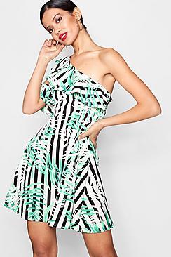 Boohoo Pamela Ruffle Stripe Shoulder Skater Dress