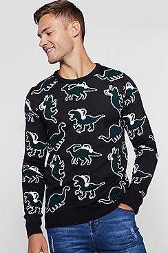 Boohoo Dinosaur Jacquard Christmas Jumper
