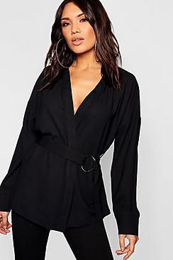 Boohoo O Ring Tie Waist Wrap Blouse
