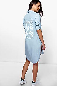 Boohoo Serena Back Print Longline Denim Shirt Dress