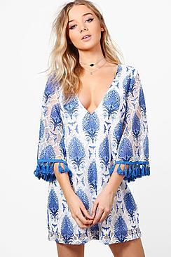 Boohoo Boutique Jen Wide Fringe Sleeve Shift Dress