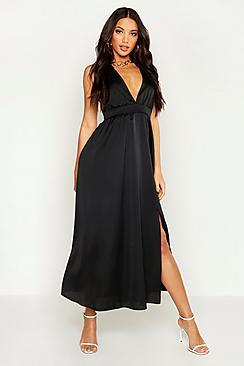 Boohoo Satin Plunge Halter Neck Maxi Dress