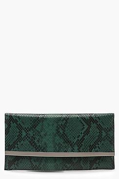 Boohoo Faux Python Snake & Bar Clutch