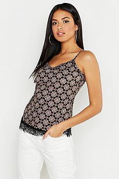 Boohoo Woven Geo Print Lace Trim Cami