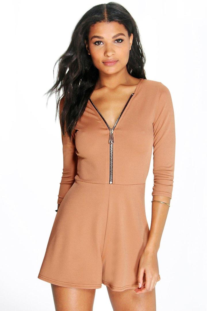 Boohoo Grace Zip Detail Playsuit Camel