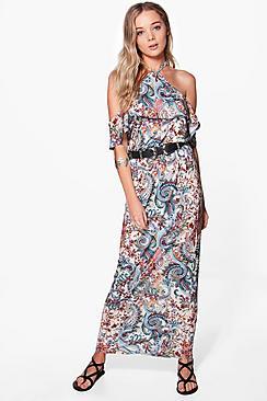 Boohoo Bex Cold Shoulder Ruffle Front Maxi Dress