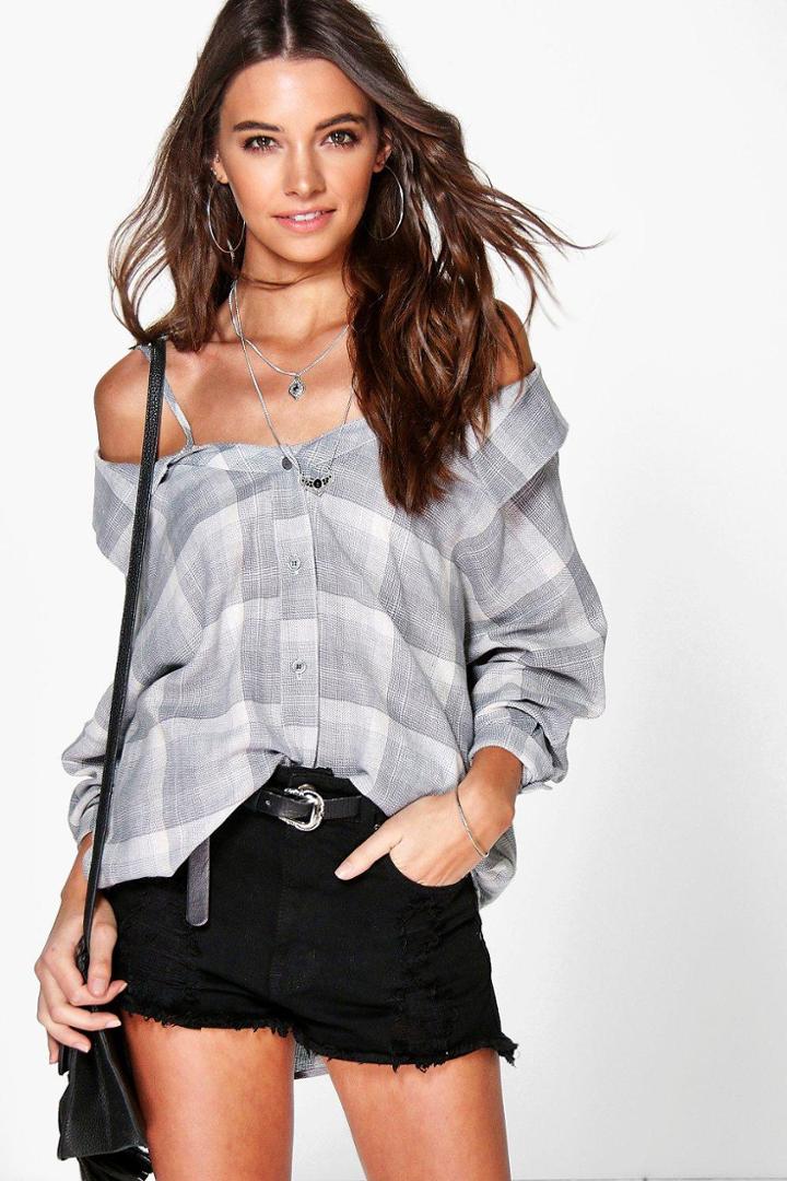 Boohoo Emily Check Open Shoulder Shirt Grey