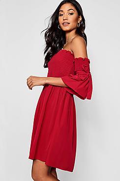 Boohoo Shirred Bardot Tie Sleeve Skater Dress
