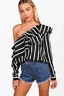 Boohoo Julia Stripe Ruffle One Shoulder Woven Top