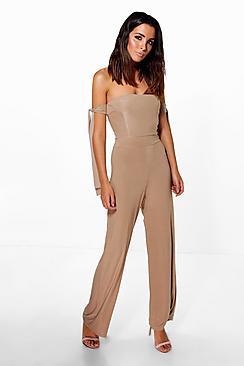 Boohoo Runa Strapless Tie Detail Wide Leg Jumpsuit