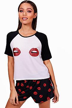 Boohoo Lois Glitter Lip Raglan Short Set