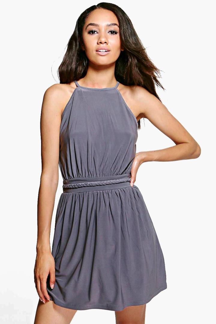Boohoo Petite Zoe Plait Detail Halterneck Skater Dress Smoke