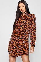 Boohoo Large Leopard Tie Waist Shirt Dress