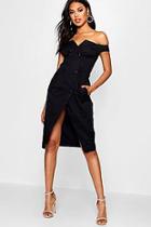 Boohoo Sara Off The Shoulder Thigh Split Tux Dress