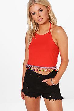 Boohoo Evie Pom Pom Trim Halter Neck Crop