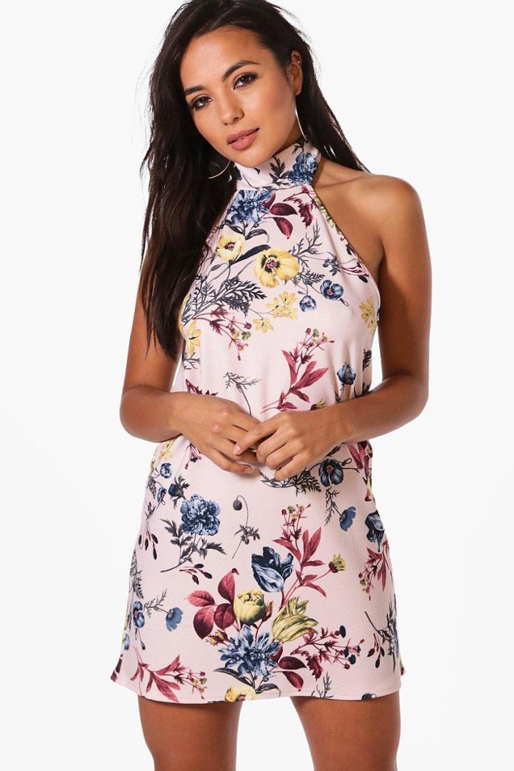 Boohoo Petite Rosa Oriental Print High Neck Shift Dress Multi