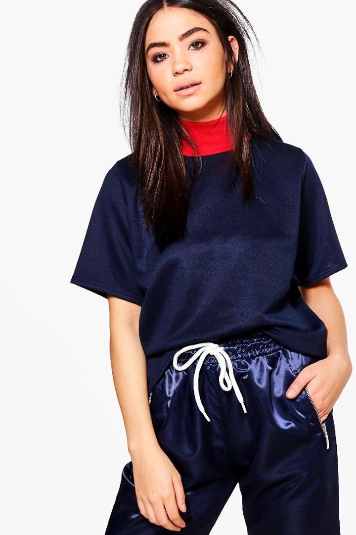 Boohoo Tara Contrast Neck Sweat Top Navy