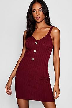 Boohoo Tall Mock Horn Button Rib Knit Dress