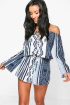 Boohoo Lois Printed Off The Shoulder Playsuit Blue