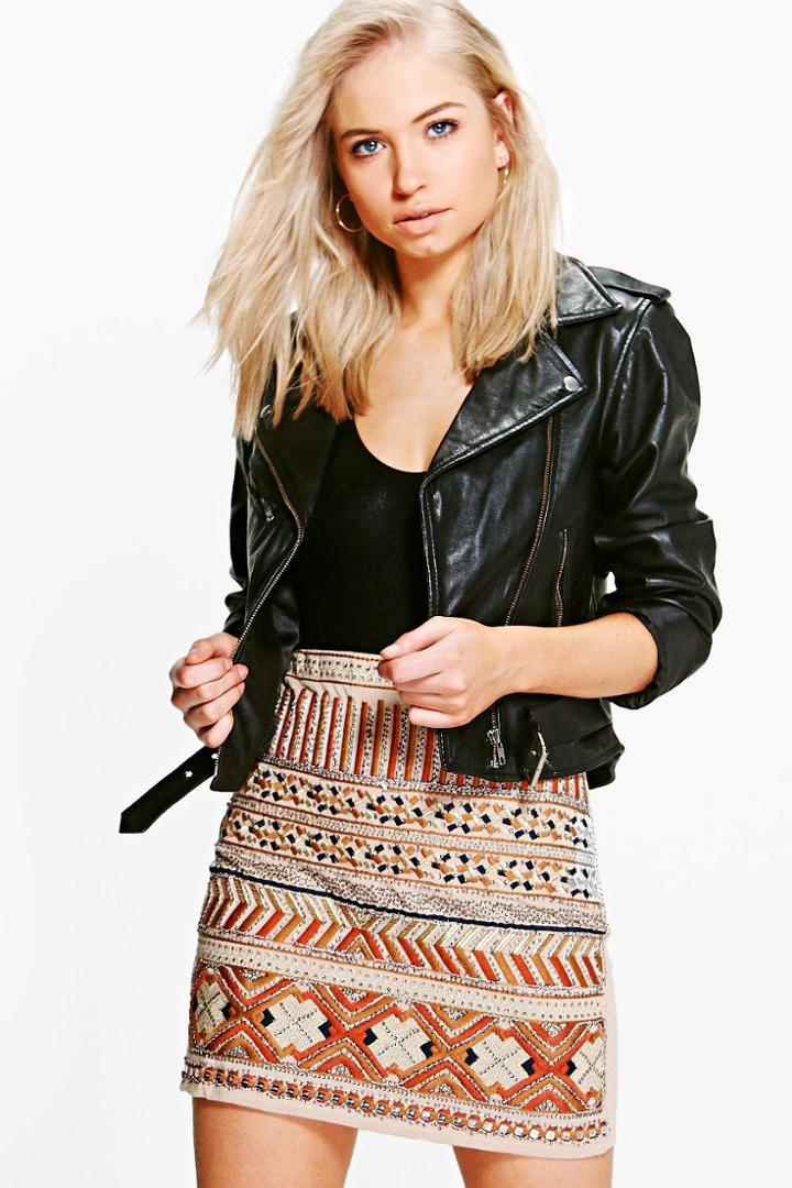 Boohoo Annie Aztec Mini Skirt Taupe