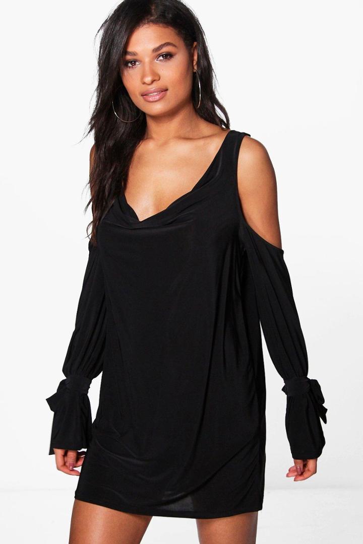 Boohoo Esme Slinky Cold Shoulder Shift Dress Black