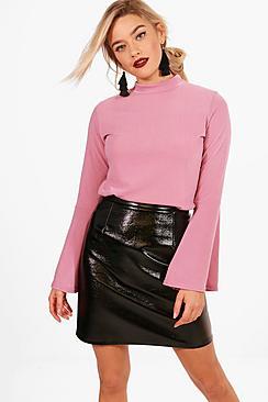Boohoo Rebecca Flare Sleeve Rib Sleeve Top
