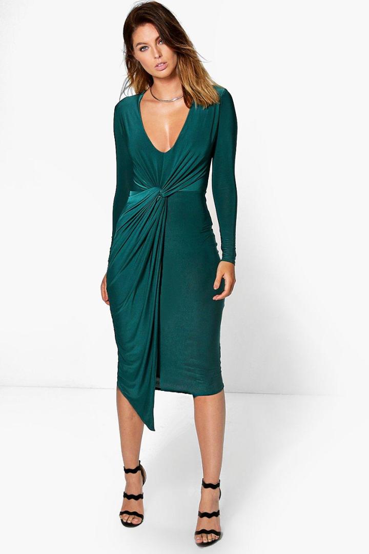 Boohoo Kassie Slinky Drape Wrap Midi Dress Emerald