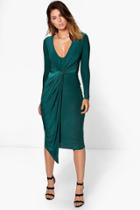 Boohoo Kassie Slinky Drape Wrap Midi Dress Emerald