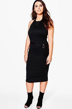 Boohoo Plus Amelia Halter Neck Tie Waist Bodycon Dress