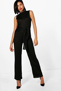 Boohoo Aimee Tie Waist Wide Leg Knitted Jumpsuit