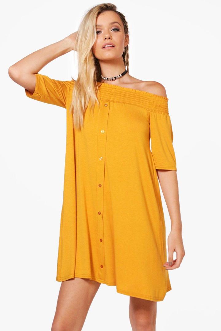 Boohoo Sophia Off The Shoulder Shirring Button Shift Dress Freesia