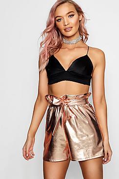 Boohoo Lauren Paperbag Waist Metallic Shorts