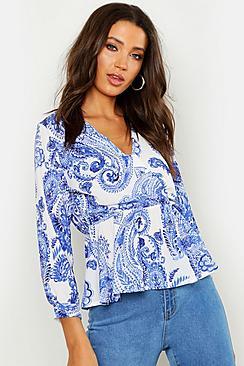 Boohoo Tall China Blue Wrap Peplum Top