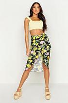 Boohoo Fruit Print Satin Wrap Midi Skirt