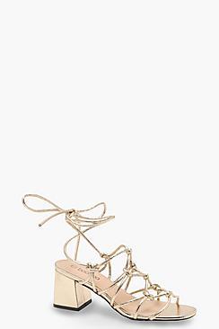 Boohoo Metallic Cage Wrap Strap Low Block Heels