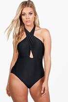 Boohoo Plus Wrap Front Halter Neck Swimsuit