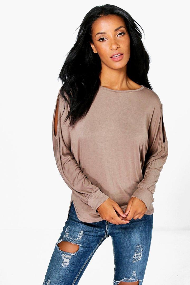 Boohoo Emma Cold Shoulder Dipped Hem Top Mocha