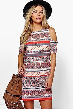 Boohoo Freyja Paisley Cold Shoulder Shift Dress