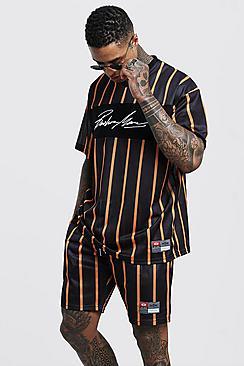 Boohoo Man Autograph Stripe Airtex Tee & Short Set