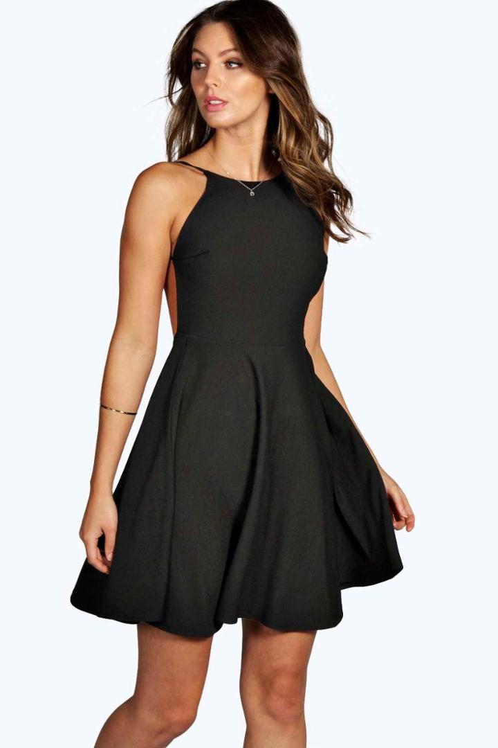 Boohoo Nancy Crepe Strappy Backless Skater Dress Black