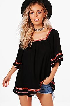 Boohoo Grace Woven Embroidered Flare Sleeve Top