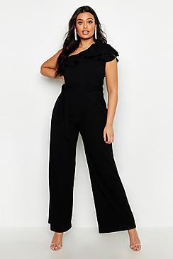 Boohoo Plus One Shoulder Tie Belt Wide Leg Jumpsuit
