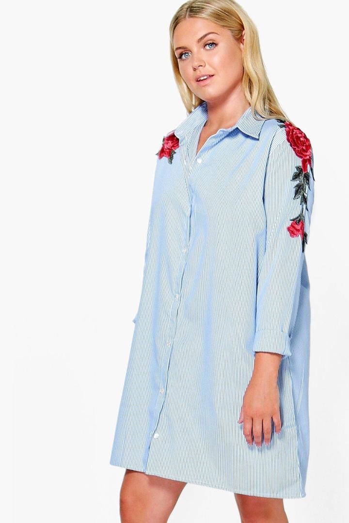 Boohoo Plus Dora Embroidered Stripe Shirt Dress Multi