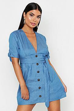 Boohoo Petite Denim Button Up Shift Dress