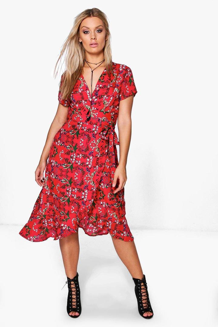 Boohoo Plus Selena Plunge Floral Frill Fem Tea Dress Red